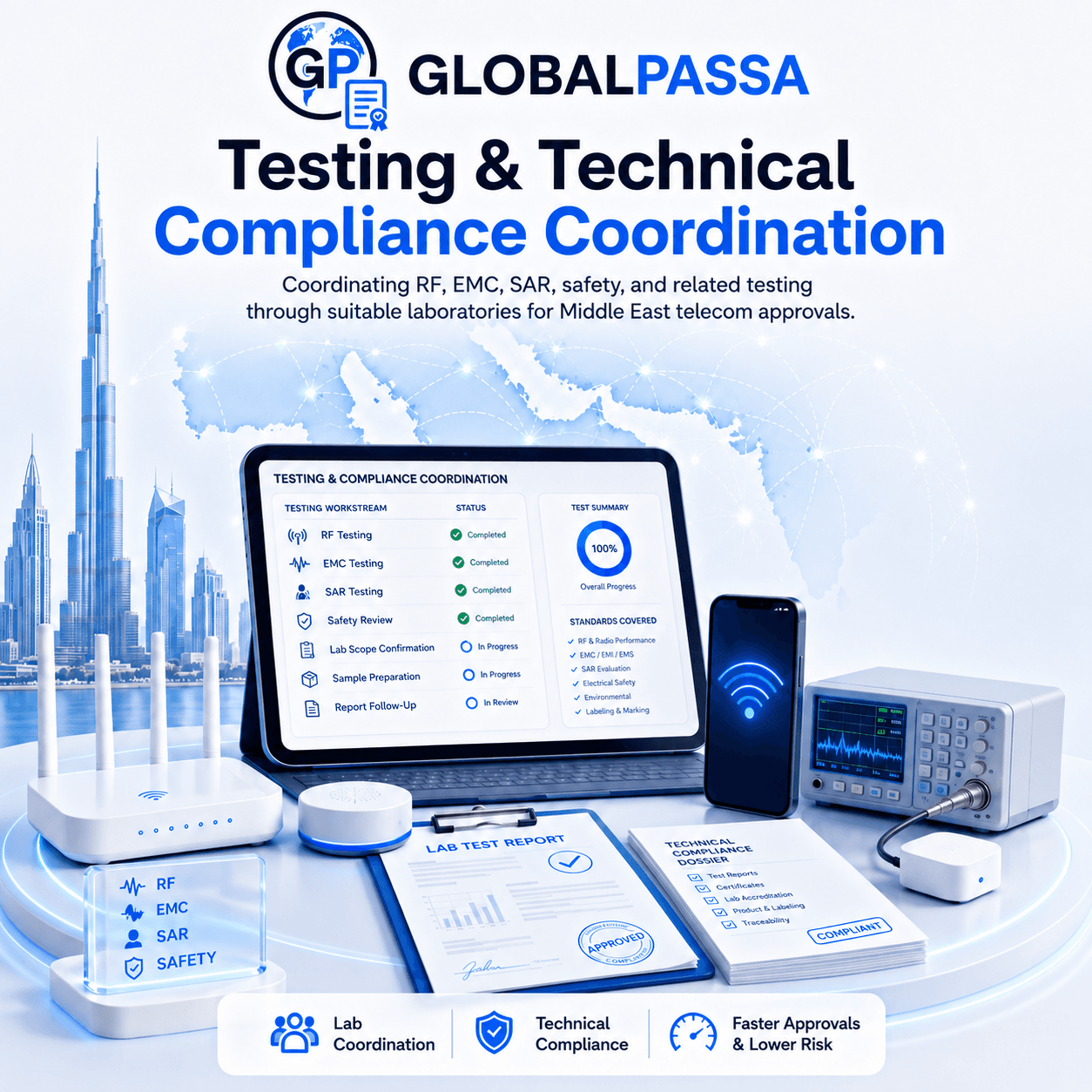 RF EMC SAR and safety testing coordination for telecom products